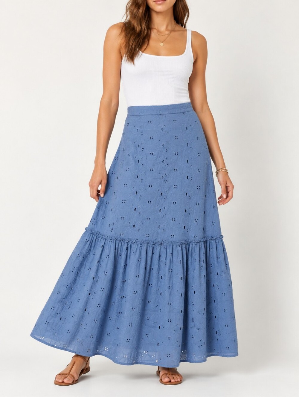 Calypso St. Barth Blue Floral Eyelet Tiered Maxi Skirt Size L